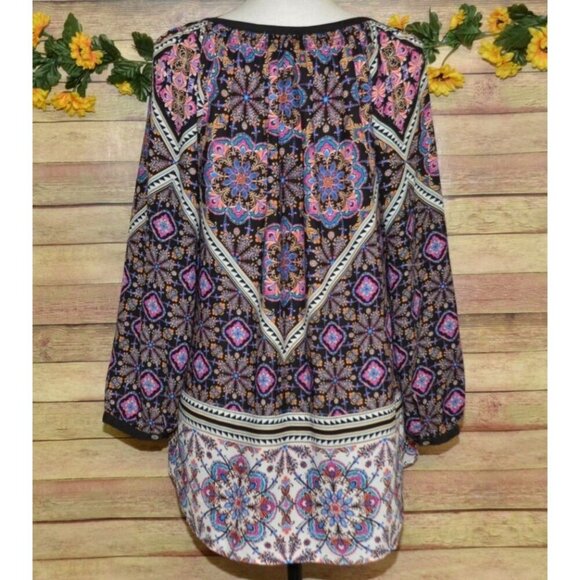 Daniel Rainn Chiffon Blouse Top Size XL Tie & Tassels Colorful Floral & Black - Picture 7 of 12